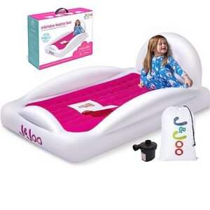 j&joo inflatable toddler travel bed with safety bumpers & backrest, portable kids air mattress for travel, camping or hotels, includes high speed pump, pink, (pink)