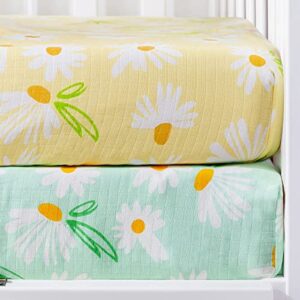 hyprest muslin crib sheets 2 pack - 100% muslin cotton crib sheets -yellow and blue fitted crib sheets with daisy printed - floral crib sheets for baby girls boys toddler soft breathable skin-friendly