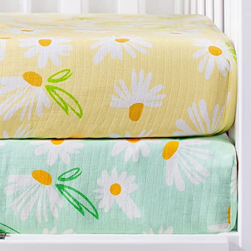 HYPREST Muslin Crib Sheets 2 Pack - 100% Muslin Cotton Crib Sheets -Yellow and Blue Fitted Crib Sheets with Daisy Printed - Floral Crib Sheets for Baby Girls Boys Toddler Soft Breathable Skin-Friendly