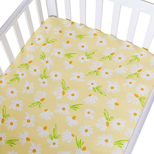 HYPREST Muslin Crib Sheets 2 Pack - 100% Muslin Cotton Crib Sheets -Yellow and Blue Fitted Crib Sheets with Daisy Printed - Floral Crib Sheets for Baby Girls Boys Toddler Soft Breathable Skin-Friendly