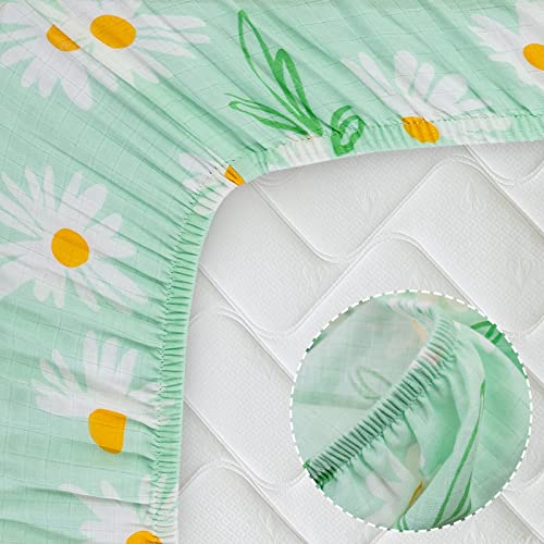 HYPREST Muslin Crib Sheets 2 Pack - 100% Muslin Cotton Crib Sheets -Yellow and Blue Fitted Crib Sheets with Daisy Printed - Floral Crib Sheets for Baby Girls Boys Toddler Soft Breathable Skin-Friendly