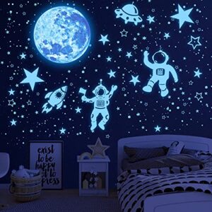 glow in the dark stars for ceiling glow in the dark moon and space wall decals luminous astronaut universe planet galaxy wall stickers outer space decal for kids boys girls bedroom christmas gift (sky blue)