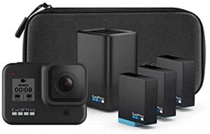 gopro hero8 black action camera bundle with dual battery charger & includes 3 total batteries with case.