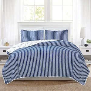 market & place 2 piece reversible quilt set with sham | all-season soft & lightweight bedspread with modern striped pattern | nora collection (twin, white/navy)