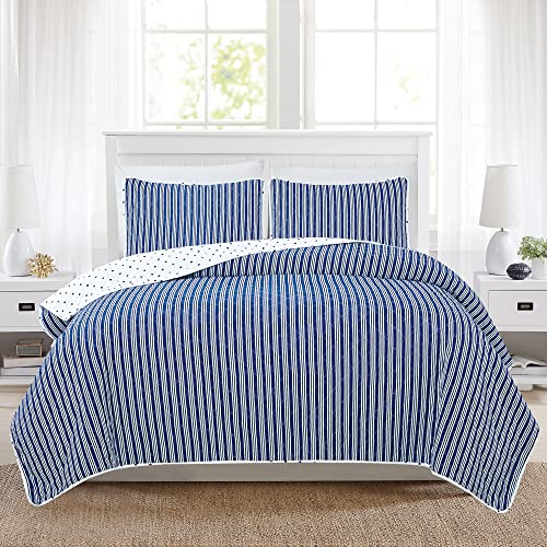 Market & Place 2 Piece Reversible Quilt Set with Sham | All-Season Soft & Lightweight Bedspread with Modern Striped Pattern | Nora Collection (Twin, White/Navy)