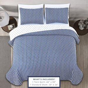 Market & Place 2 Piece Reversible Quilt Set with Sham | All-Season Soft & Lightweight Bedspread with Modern Striped Pattern | Nora Collection (Twin, White/Navy)