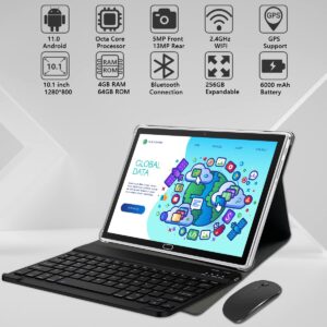 HD Tablet with Keyboard, Android 11.0 2 in 1 Tablets, 10.1 inch, 4GB RAM 64GB ROM 256GB Expandable, Octa-Core Processor, WiFi, GPS, Bluetooth, Google Certified Tablet PC