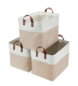 decomomo large storage baskets | closet storage bins 17x12x13inch canvas baskets for storage laundry nursery toys cloth linen (beige & white, xxl - 3 pack)