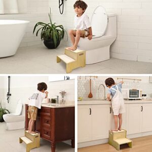 Toddler Wooden Step Stool for Kids Bathroom Potty Training and Reaching High, 2 Step-up Seat Ladder, Solid Wood Structure of Strong Durability, Natural Wood