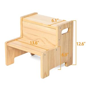 Toddler Wooden Step Stool for Kids Bathroom Potty Training and Reaching High, 2 Step-up Seat Ladder, Solid Wood Structure of Strong Durability, Natural Wood