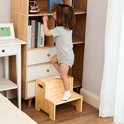 Toddler Wooden Step Stool for Kids Bathroom Potty Training and Reaching High, 2 Step-up Seat Ladder, Solid Wood Structure of Strong Durability, Natural Wood