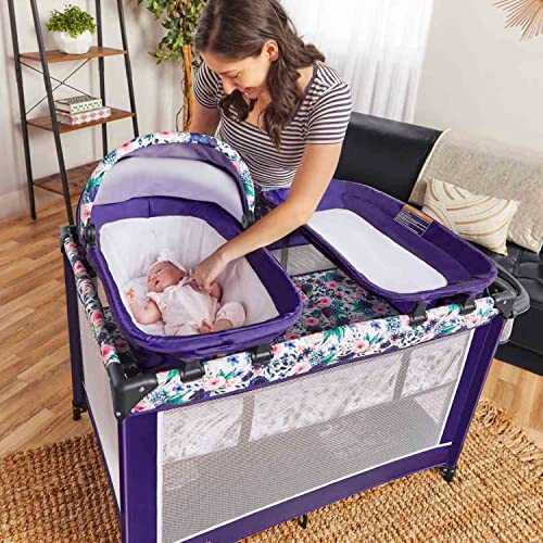 Dream On Me Lilly Deluxe-Playard in Floral Bloom with Full Bassinet, Changing Tray and Infant Bassinet with Canopy Waterproof Fabric, JPMA Certified, Lightweight