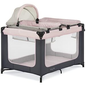 dream on me emily rose deluxe playard in pink with infant bassinet and changing tray, lightweight portable and convertible playard for baby, breathable mesh sides and soft fabric