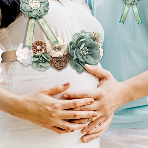 Sage Green Maternity Sash and Corsage Pin Set Mom to Be Daddy to Be Corsage Greenery Theme Baby Shower Decorations Olive Green Belly Belt Gender Reveal Party Gift Keepsake Pregnancy Photo Props