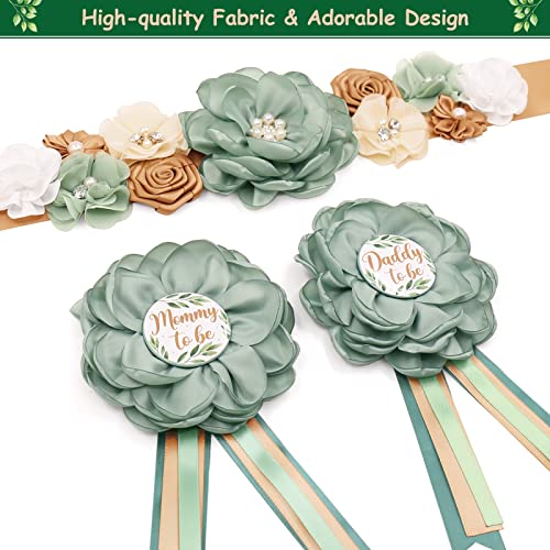 Sage Green Maternity Sash and Corsage Pin Set Mom to Be Daddy to Be Corsage Greenery Theme Baby Shower Decorations Olive Green Belly Belt Gender Reveal Party Gift Keepsake Pregnancy Photo Props
