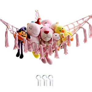 pink hammock with wooden beads and fringe toy storage, boho room decor, bedroom decor, plush toy storage for kids, girls bedroom storage