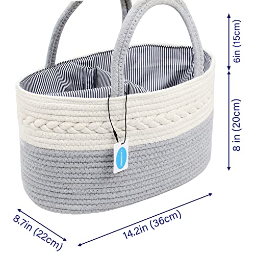 Casaphoria Diaper Caddy Organize,Cotton Rope Diaper Basket Caddy Baskets for Storage,100% Cotton Car Diaper Organizer with Removable Inserts,Cream and Gray (14.2''×8.7''×8'')