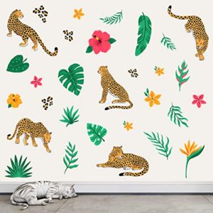 woyinis leopard cheetah jaguar wall decal stickers diy palm leaves plants flowers wall decals removable peel & stick tropical wall decals for living room bedroom playroom classroom nursery wall decor