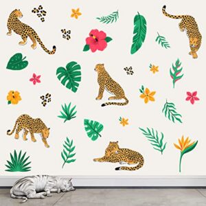 WOYINIS Leopard Cheetah Jaguar Wall Decal Stickers DIY Palm Leaves Plants Flowers Wall Decals Removable Peel & Stick Tropical Wall Decals for Living Room Bedroom Playroom Classroom Nursery Wall Decor