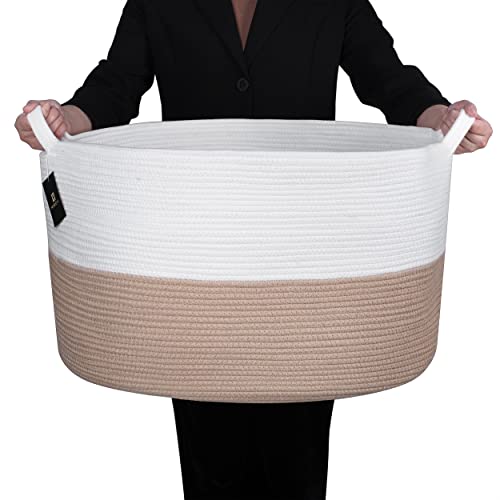 Hiromi Cotton Rope Basket - Decorative White Storage Bins for Room Organization - Firm Woven Hamper for Laundry - Toys, Towel, Cushion, Throw Pillow, Blanket Holder with Durable Handles - 24in x 14in Solid Brown