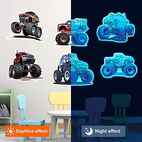 Truck Wall Decals Glow in The Dark Wall Decals Removable Digger Wall Stickers Large Car Jam Vhicle Construction Wall Decals for Kids Girls Boys Bedroom Living Room Playroom Nursery Wall Decor