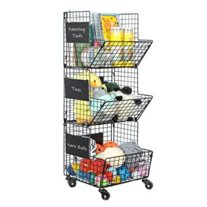 3 tier rolling toy organizer basket - wire kids toy storage with wheel, s-hooks, adjustable chalkboards - toy storage cart wall bookshelf for kids room, playroom, bedroom
