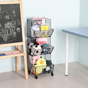 3 Tier Rolling Toy Organizer Basket - Wire Kids Toy Storage with Wheel, S-Hooks, Adjustable Chalkboards - Toy Storage Cart Wall Bookshelf for Kids Room, Playroom, Bedroom