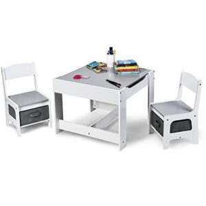 bettary 3 in 1 kids wood table & chair set, children activity table set w/storage drawer, 3 pcs wooden furniture set w/detachable blackboard & activity center for toddlers drawing reading (grey)