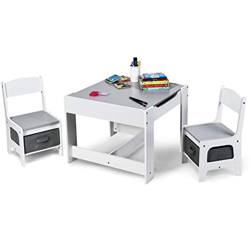 BETTARY 3 in 1 Kids Wood Table & Chair Set, Children Activity Table Set w/Storage Drawer, 3 PCS Wooden Furniture Set w/Detachable Blackboard & Activity Center for Toddlers Drawing Reading (Grey)