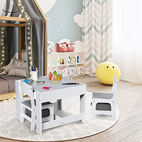 BETTARY 3 in 1 Kids Wood Table & Chair Set, Children Activity Table Set w/Storage Drawer, 3 PCS Wooden Furniture Set w/Detachable Blackboard & Activity Center for Toddlers Drawing Reading (Grey)