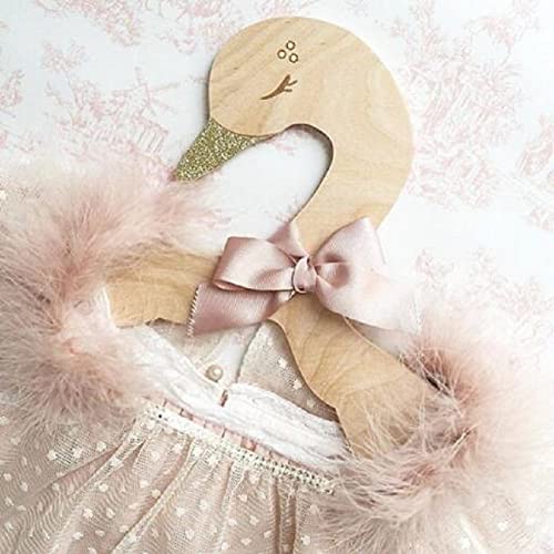 Baby Hangers for Nursery, 2 Pack Wooden Swan Shape Baby Hangers with Ribbon Bowknot - Lovely Child Hangers for Infant Toddler Princess Dress Skirt Pants, 9.8 Inches for Space Saving Baby Room Decor