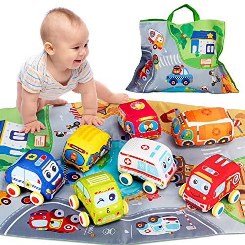 Car Toys for 1 Year Old Boy, Soft Baby Toys Set, Pull Back Car Vehicle Set Birthday Gifts Toys for Baby Toddlers Age 1 Year Old (7 Sets)