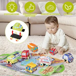 Car Toys for 1 Year Old Boy, Soft Baby Toys Set, Pull Back Car Vehicle Set Birthday Gifts Toys for Baby Toddlers Age 1 Year Old (7 Sets)