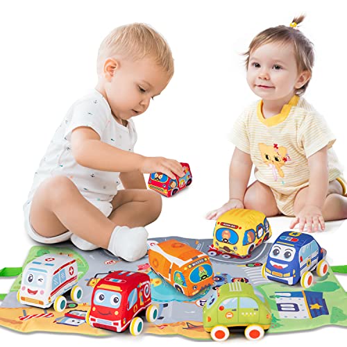 Car Toys for 1 Year Old Boy, Soft Baby Toys Set, Pull Back Car Vehicle Set Birthday Gifts Toys for Baby Toddlers Age 1 Year Old (7 Sets)