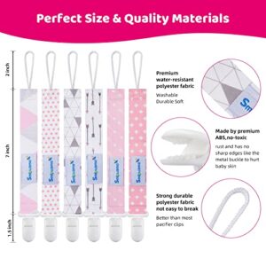 Smlpuame Pacifier Clip Girl,6 Pack Stylish Binky Clips Strap for Baby Girls,Paci Holder with Clip Lightweight Universal Fits Most Pacifiers Teether Toy Teething Ring Soothie,Baby Gifts(Pink & Grey)