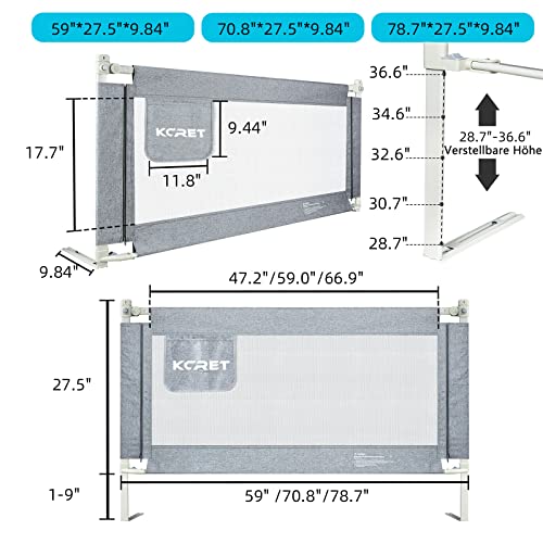 KCRET Bed Rail for Toddlers,Upgraded Infants Safety Bed Guardrail with Breathable Fabric for Twin, Double, Full-Size Queen & King Mattress (78.7“×30”, Gray)