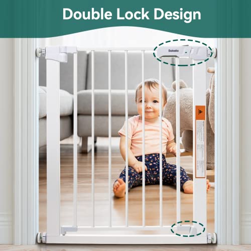 Mom's Choice Award Winner-BABELIO 27-30 Inch Narrow Easy Install Baby Gate, Fit for Small Stairs and Doorways,Pressure Mounted Safety Gate with Door for Child and Pets,NO Extensions,White