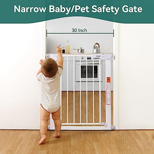 Mom's Choice Award Winner-BABELIO 27-30 Inch Narrow Easy Install Baby Gate, Fit for Small Stairs and Doorways,Pressure Mounted Safety Gate with Door for Child and Pets,NO Extensions,White