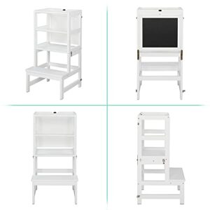 JOYMOR Kids Kitchen Standing Tower with Safety Rail, Chalkboard, Children Learning Step Tower for Kitchen Counter, Mothers' Helper (White)