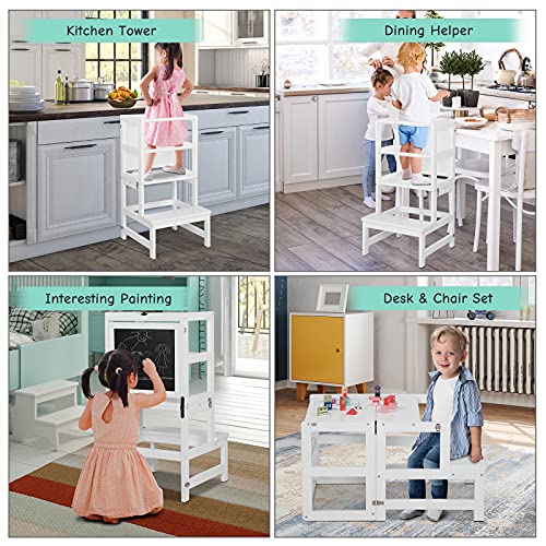 JOYMOR Kids Kitchen Standing Tower with Safety Rail, Chalkboard, Children Learning Step Tower for Kitchen Counter, Mothers' Helper (White)