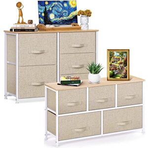 pipishell fabric dresser with 5 drawers, wide dresser storage tower, organizer unit with wood top and easy pull handle for closets, living room, nursery room, hallway