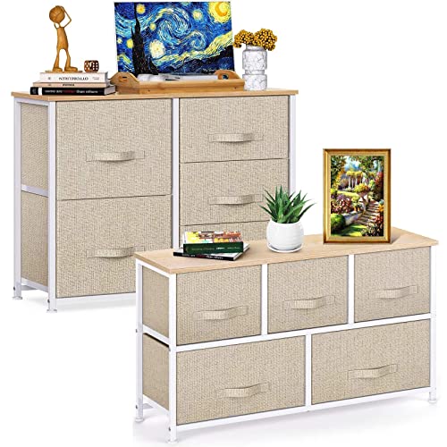 Pipishell Fabric Dresser with 5 Drawers, Wide Dresser Storage Tower, Organizer Unit with Wood Top and Easy Pull Handle for Closets, Living Room, Nursery Room, Hallway