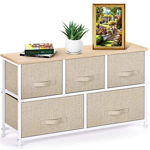 Pipishell Fabric Dresser with 5 Drawers, Wide Dresser Storage Tower, Organizer Unit with Wood Top and Easy Pull Handle for Closets, Living Room, Nursery Room, Hallway