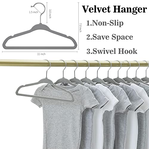 Dabancy Baby Closet Organizer for Nursery - 30 Pack Grey Velvet Baby Hangers with 20 Clips and 20 Connectors and 10 Flower Designs Baby Closet Dividers with Colored Box-Infant Hangers for Closet…