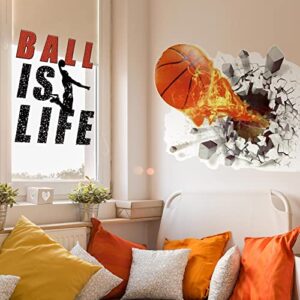 Basketball Wall Decal 3D Self Adhesive Removable Break Through The Wall Vinyl Wall Stickers Ball is Life Wall Decal Dunk Silhouette Stickers Basketball Room Decor for Boys Bedroom, 18 x 38 Inch