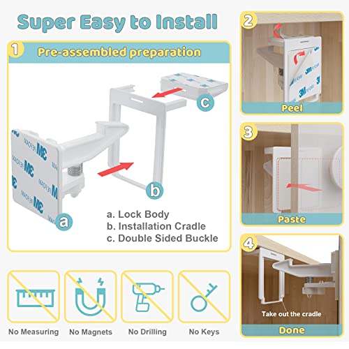 10 Pack Child Proof Cabinet Locks, Upgraded Child Safety Cabinet Latches Invisible with Deactivated Mode, Enlarged 3M Tape, Extra Long Baby Safety Drawer Latches, Fit for Most Cabinets and Drawers