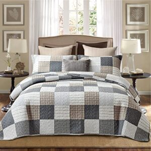 PANGUSHAN Twin Size Quilt Set,100% Cotton Quilt,Patchwork Plaid Quilt Bedding Set Bedspreads,Gray(Grey)/Black/Tan/White/Cream Quilt for Twin Bed,Reversible Lightweight Comforter Bed Set,2 Pieces