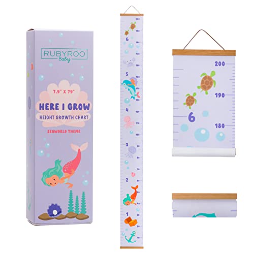 RubyRoo Baby Growth Chart - Growth Chart for Kids - Nursery or Toddler Room Wall Decor for Girl - Removable Roll Up Canvas Children Height Measure Chart with Wood Frame - 7.9" x 79" Seaworld Theme