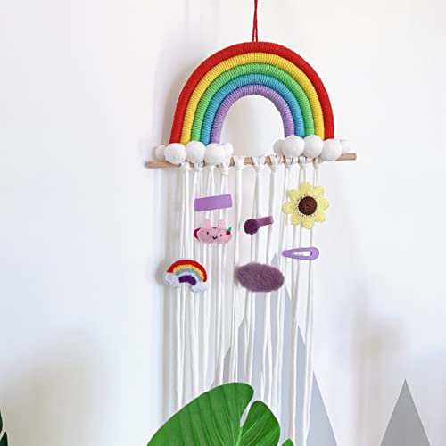 DFVEY Macrame Rainbow Decor Hair Clips Holder Hair Bow Hanging Hanger for Wall Décor for Nursery Girls Bedroom Baby Shower (Red)