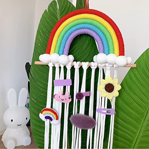 DFVEY Macrame Rainbow Decor Hair Clips Holder Hair Bow Hanging Hanger for Wall Décor for Nursery Girls Bedroom Baby Shower (Red)